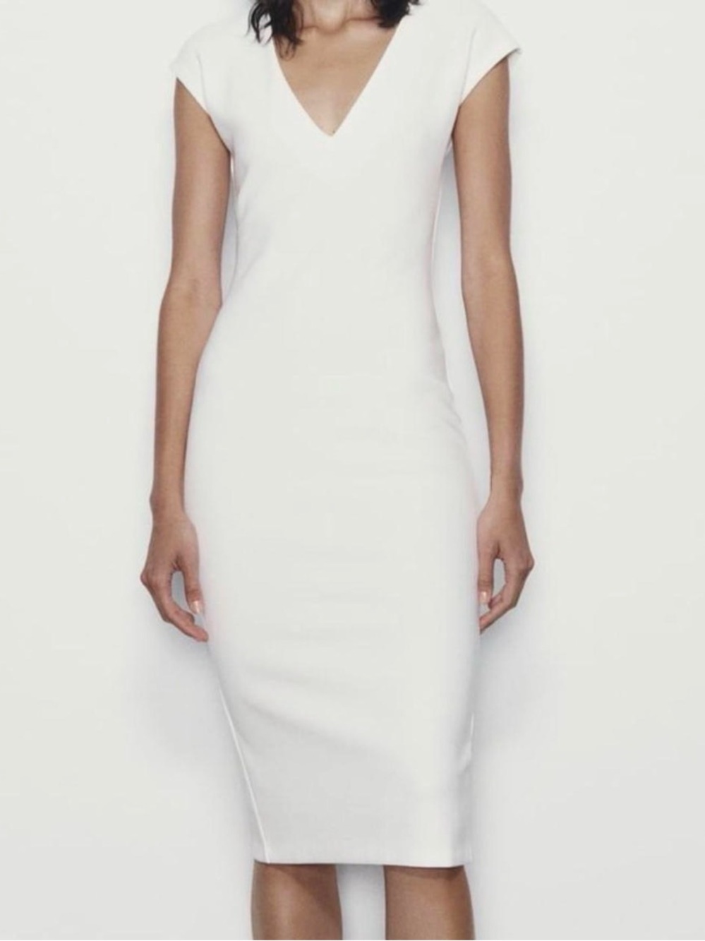 Zara Women’s Sz M White Fitted V-Neck Midi Maxi Dress Minimalist Wedding